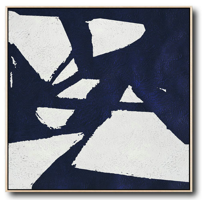 Handmade Large Contemporary Art,Minimalist Navy Blue And White Painting,Big Painting #A3Y9